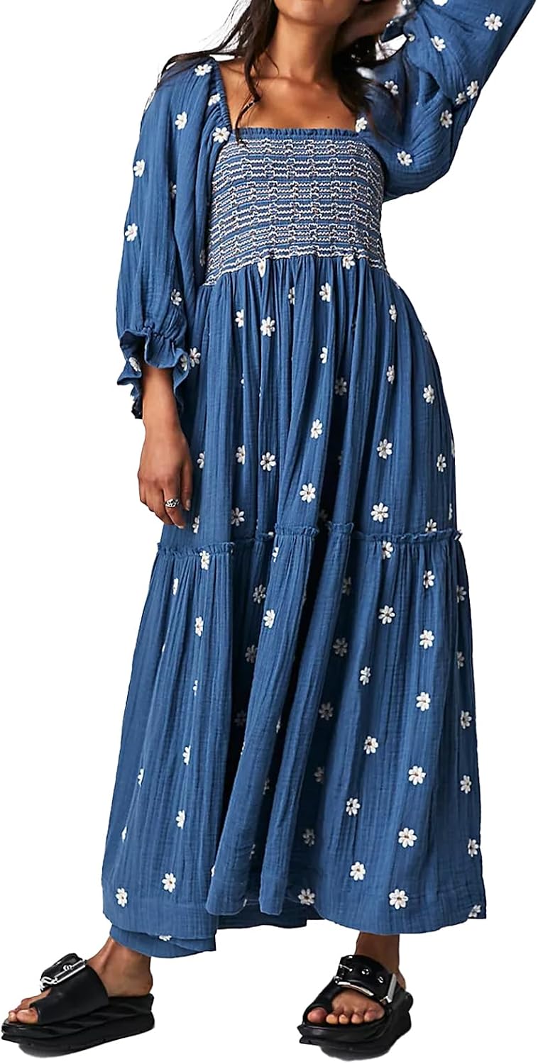 ABYOVRT Floral Embroidered Puff Sleeve Boho Maxi women's clothing with real, functional pockets