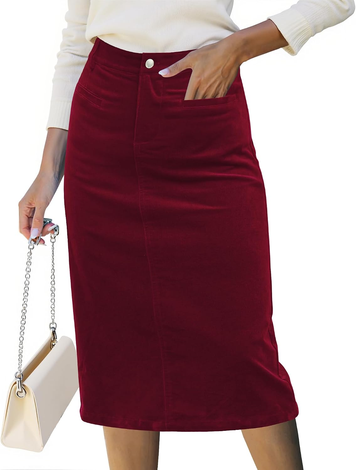 luvamia Wine Red Corduroy Midi Skirt women's clothing with real, functional pockets