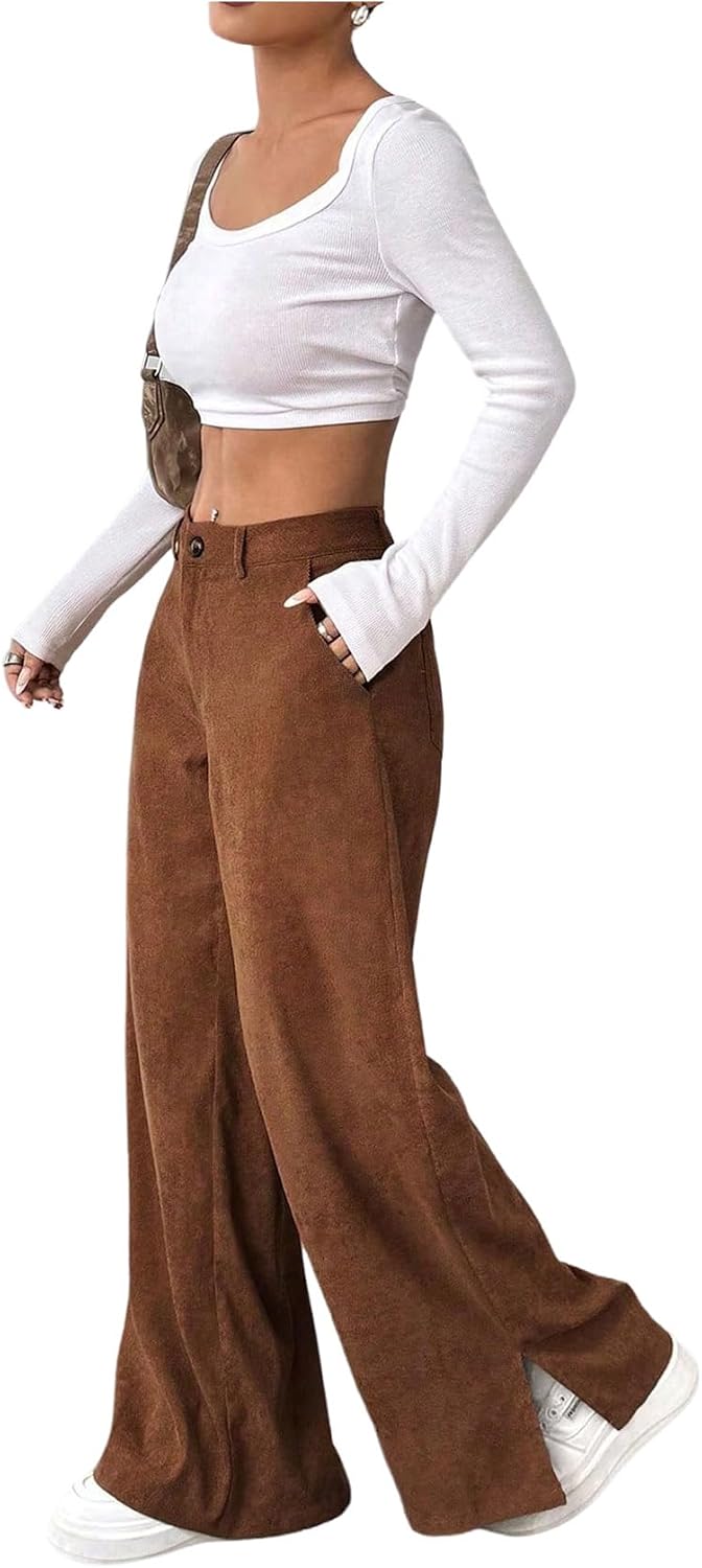 SweatyRocks Rust Brown Wide-Leg Corduroy Pants women's clothing with real, functional pockets