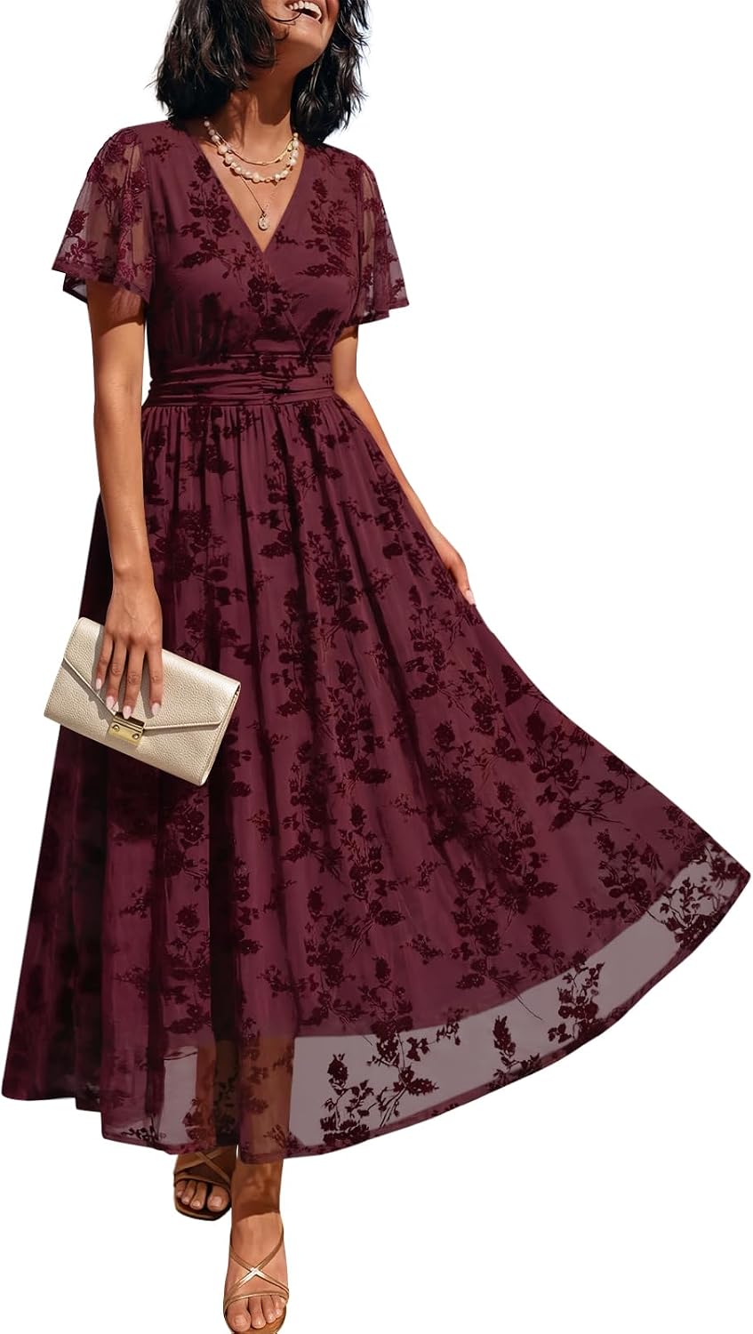 LILLUSORY Burgundy Floral Wrap Maxi women's clothing with real, functional pockets
